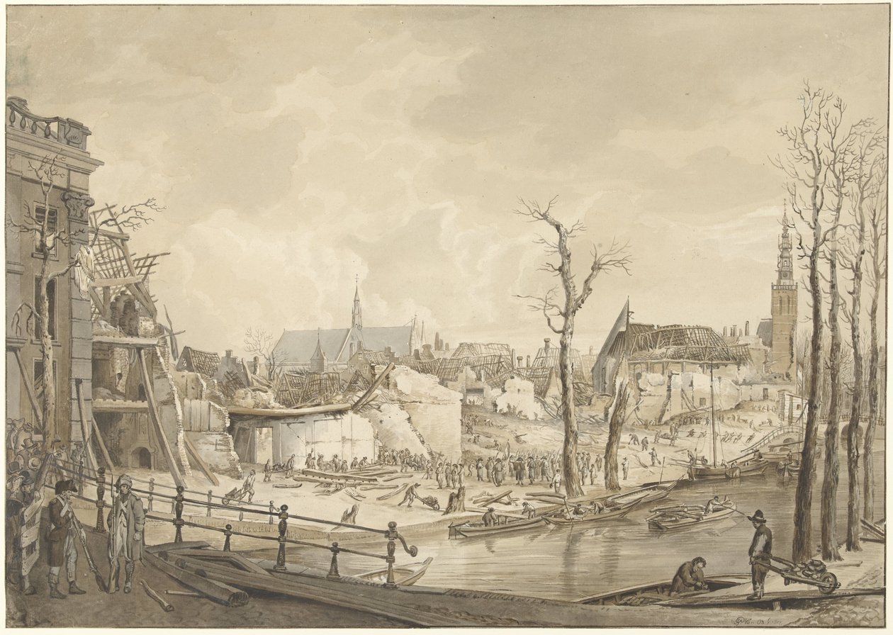 12 Ocak 1807'de Leiden'deki Barut felaketinden sonra Steenschuur'un kuzey tarafındaki kalıntılar by Pieter Gerardus van Os