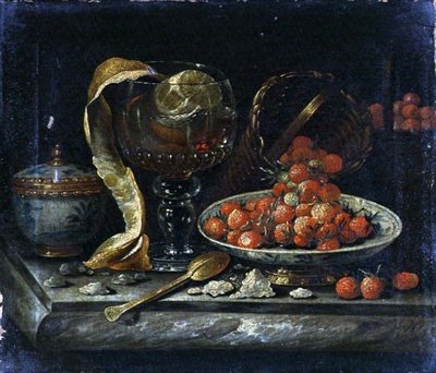 Çin Mavisi ve Beyazı Natürmort Kase ve Kapak, Cam Roemer, Altın Kaşık ve Meyve (tuval üzerine yağlı boya) by Pieter Gerritsz. van (manner of) Roestraten