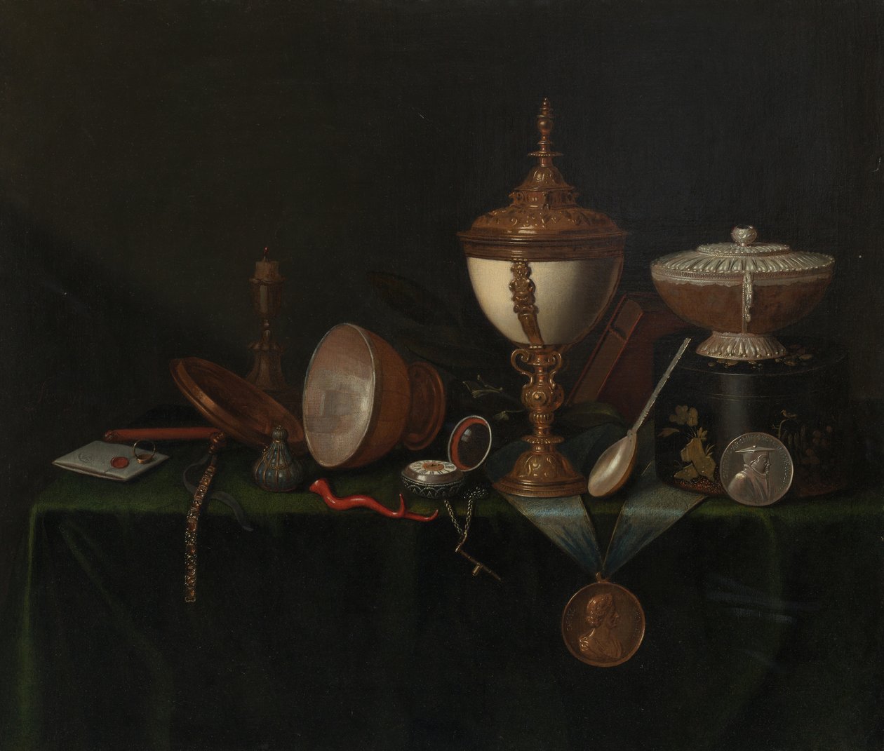 Devekuşu Yumurtası ve Whitfield Heirlooms ile Natürmort, c. 1670. by Pieter Gerritsz van Roestraeten