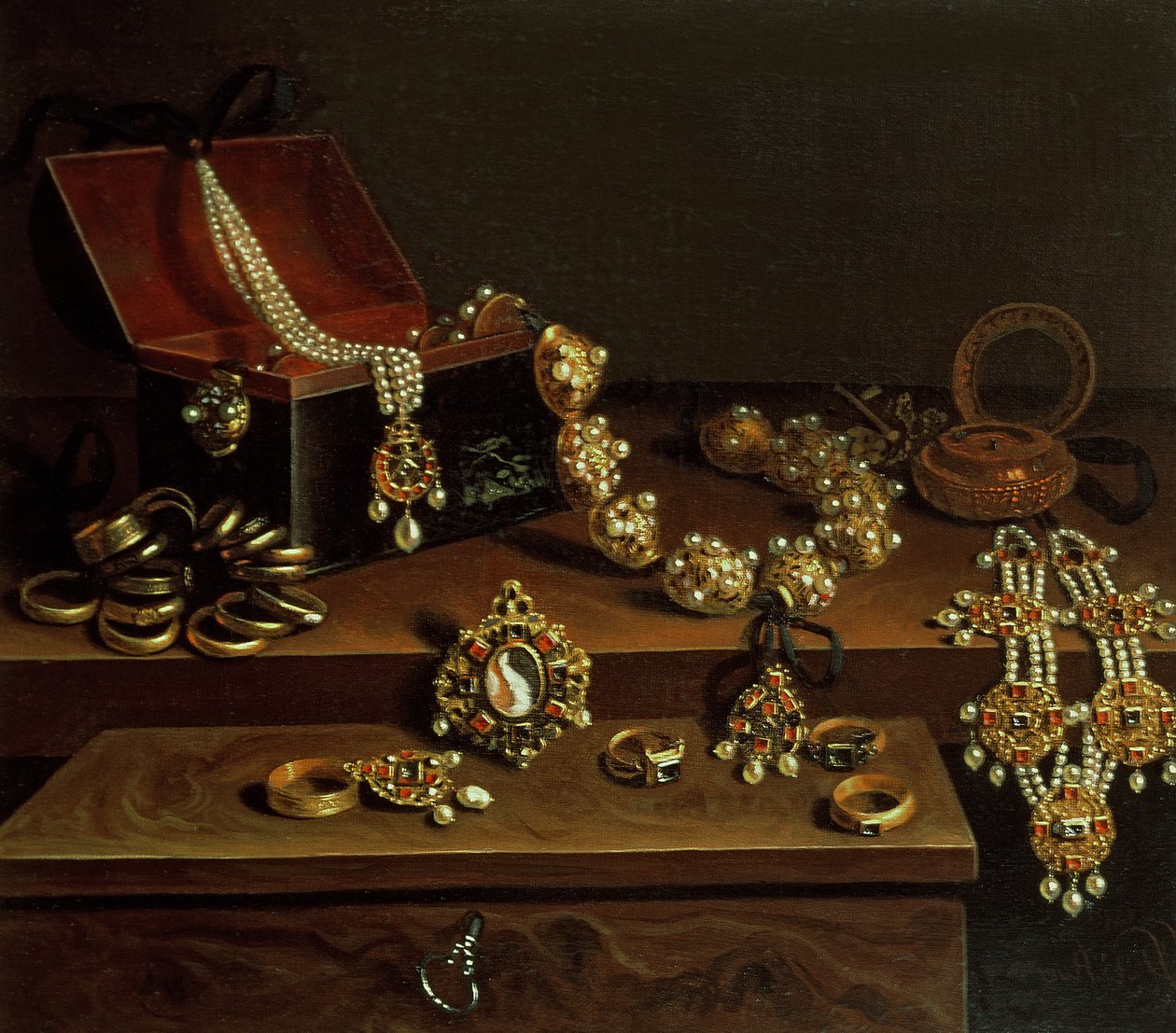 Bir masadaki mücevher tabutu, esasen Alman Menşeli (1600-50) by Pieter Gerritsz. van Roestraten