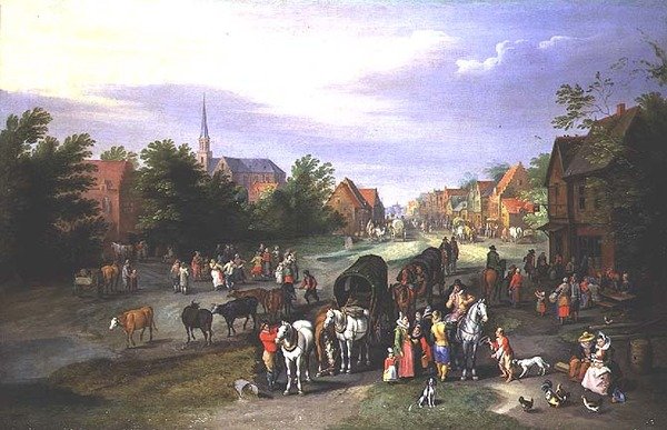 Bir köyde dinlenen yolcular (bakır üzerine yağ) by Peeter Gijsels
