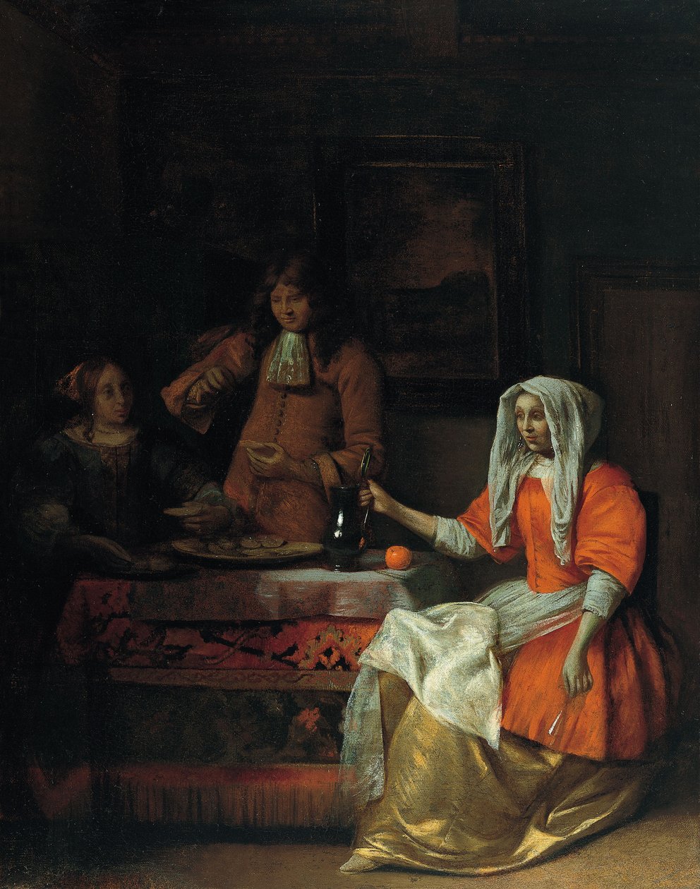 İstiridye İçen ve Yiyen İki Kadın ve Bir Adamla İç Mekan by Pieter Hooch de