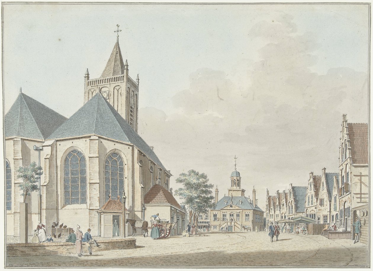 Kilise ve belediye binası ile Vlaardingen'deki pazar by Pieter Jan van Liender