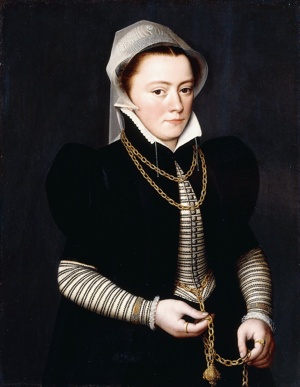 Ayakta duran, dörtte üçü küçük uzunlukta, Çizgili Korsajlı ve Siyah Paltolu, Altın Zincirde Pomander Tutan Bir Hanımın Portresi, by Pieter Jansz. Pourbus