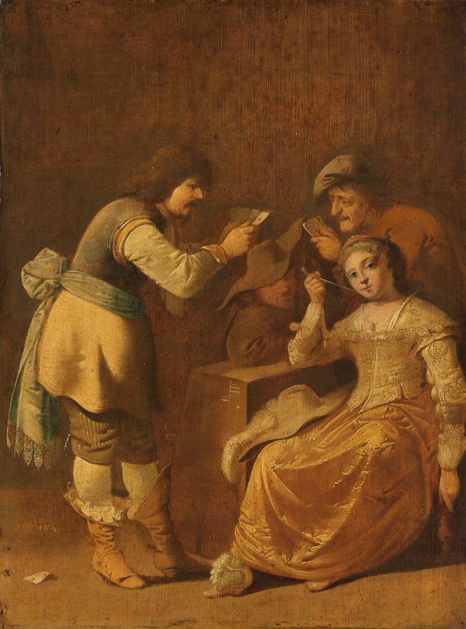 Pipo içen kadınla kart oyuncuları by Pieter Jansz Quast