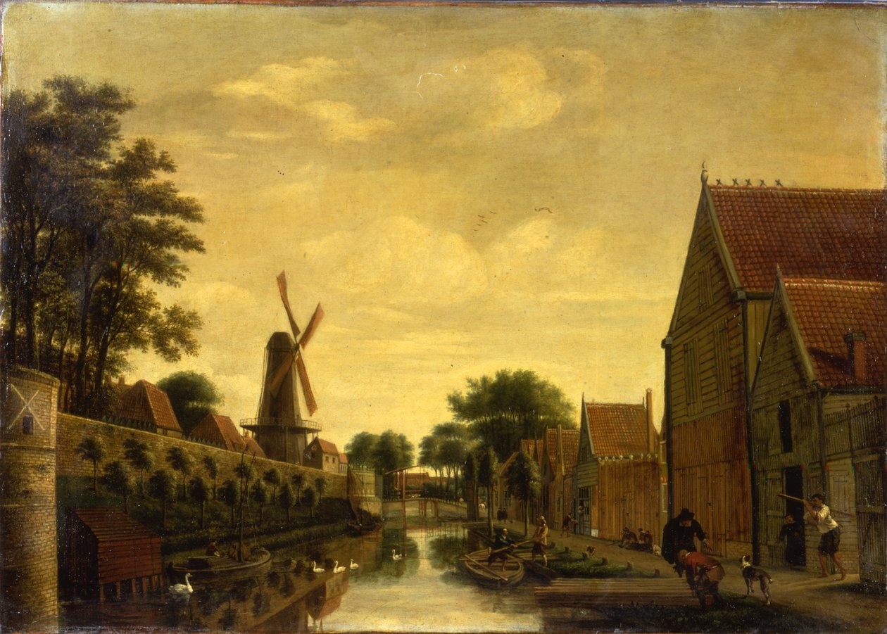 İşçilerin Kereste Yükledikleri Bir Şehir Duvarı Yanındaki Kanal, c.1650 by Pieter Jansz. van Asch