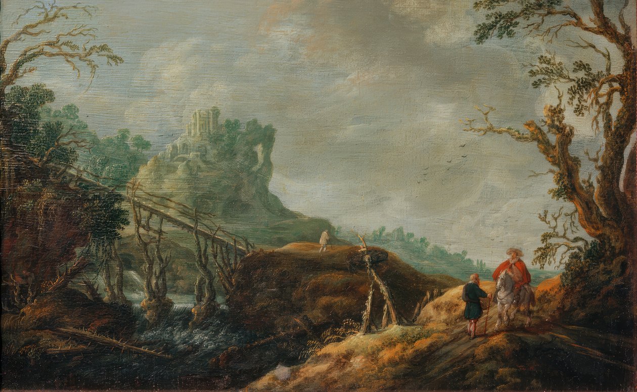 Ahşap köprü ve harabe ile nehir manzarası by Pieter Jansz van Asch