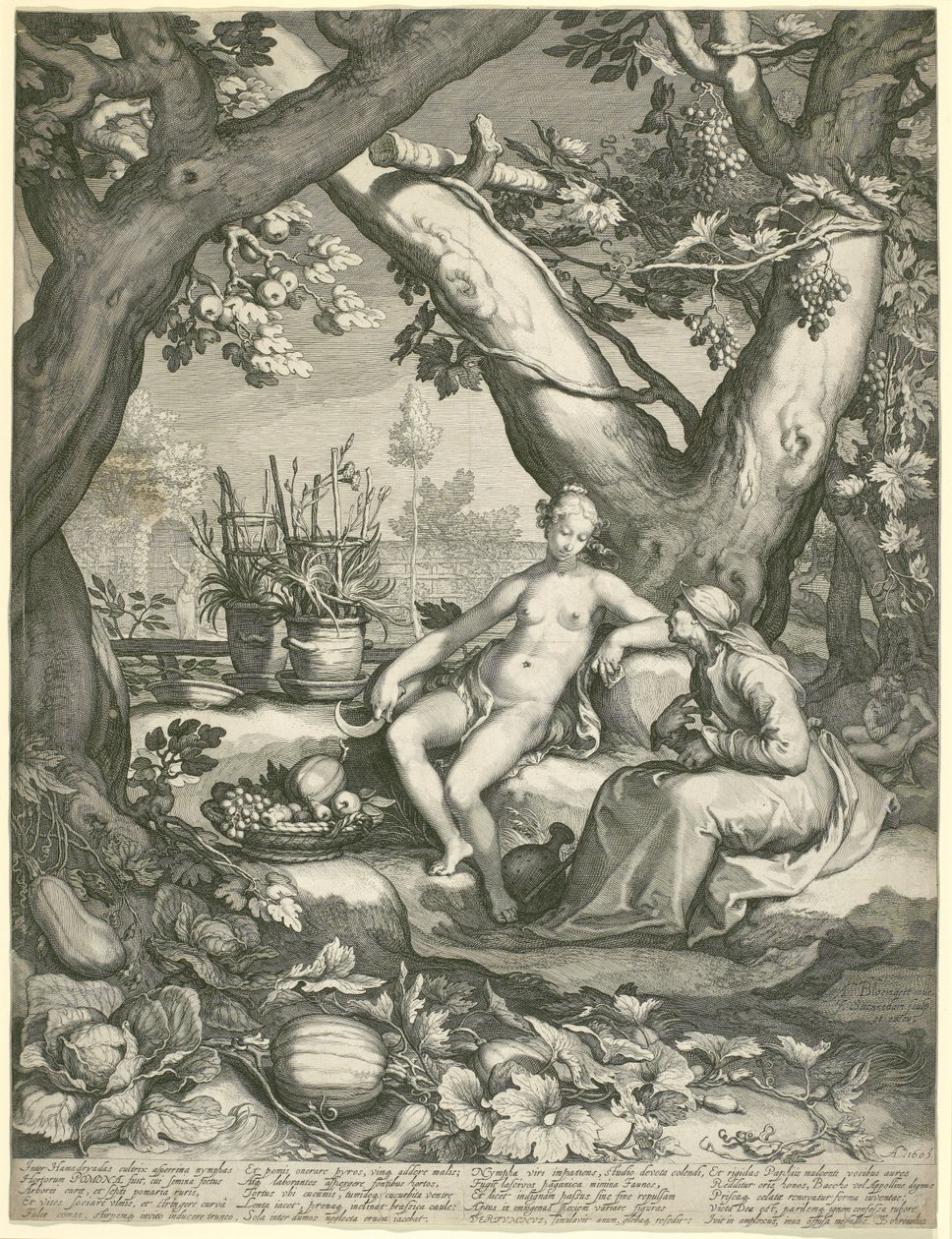Vertumnus Pomonas Aşkını Kazanmak İçin Yaşlı Bir Kadın Figürünü Ödünç Alma, 1605 (kağıt üzerine gravür) by Pieter Janszoon Saenredam