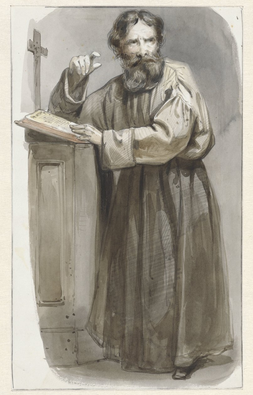 Haç ve İncil ile kürsüde ayakta din adamı by Pieter Marinus van de Laar (attributed to)