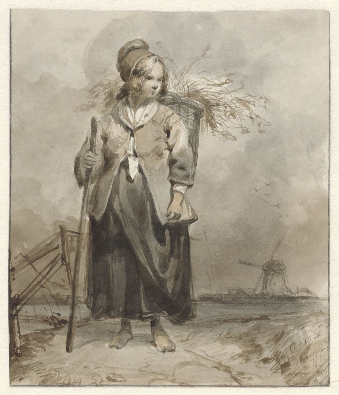 Sırtında sopa ve sepet olan duran kadın by Pieter Marinus van de Laar (attributed to)