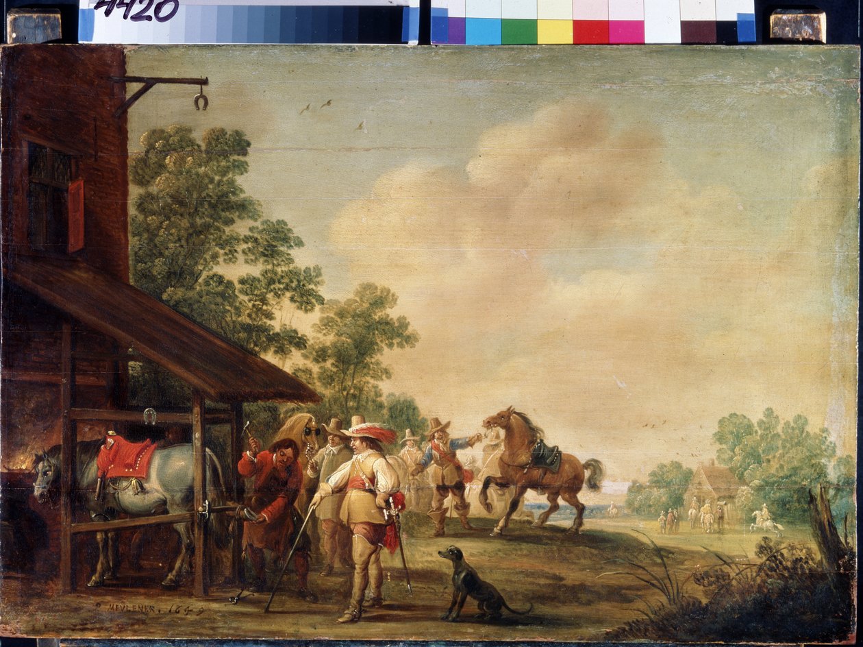 Forge (Bir Forge). At nalı takan bir nalbant (nalbant). Pieter Meulenaer tarafından boyama (Peter veya Pierre by Pieter Meulener