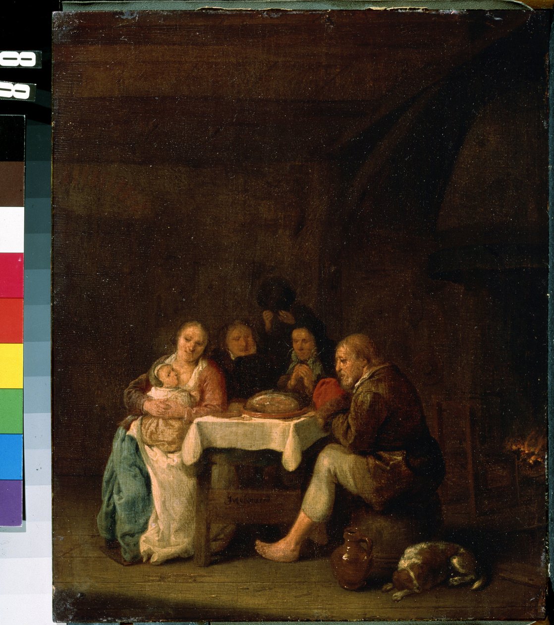 "Akşam yemeğinden önce dua" (Akşam yemeğinden önce dua) Hollandalı mütevazı bir ailenin yemek sırasındaki lütuf anı. Peeter Meulenaer (1602-1654) tarafından yapılan boyama 17. yüzyıl Mikhail Kroshitsky Sanat Müzesi, Sivastopol (Sivastopol) Ukr by Pieter Molenaer