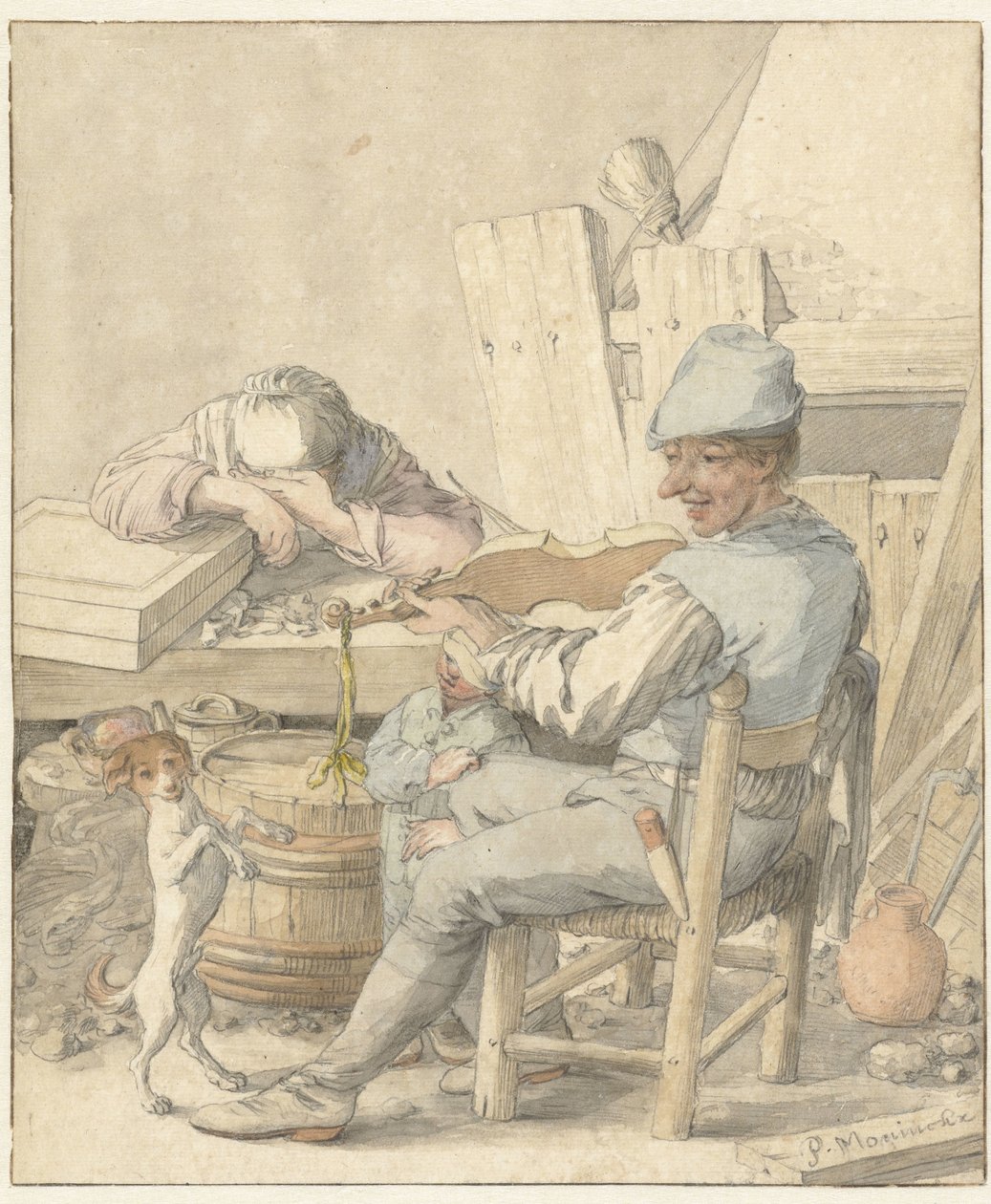 Keman çalan bir adam, uyuyan bir kadın ve dans eden bir köpek ile iç mekan by Pieter Moninckx
