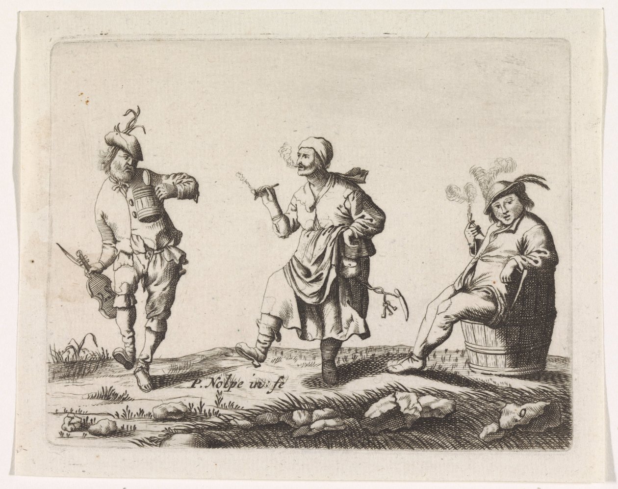 Dans eden çiftçi ve çiftçinin karısı ve varil üzerinde bir adam by Pieter Nolpe