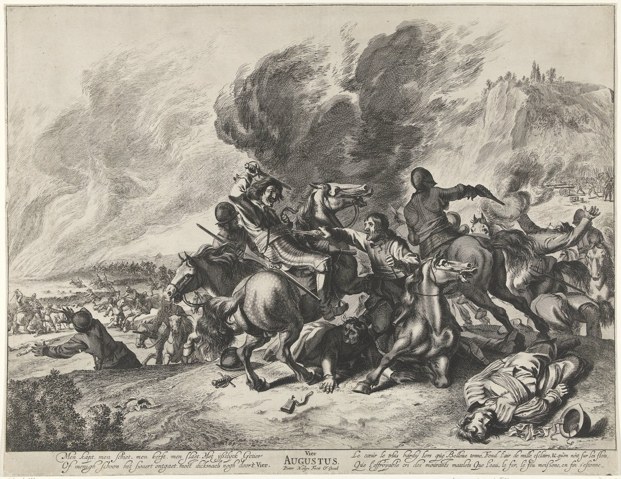 Savaş: Ağustos ayı ve ateş elementi Ağustos'u kutlayın (nesne üzerindeki başlık) Aylar, elementler ve mevsimler ile manzaralar (dizi başlığı) by Pieter Nolpe