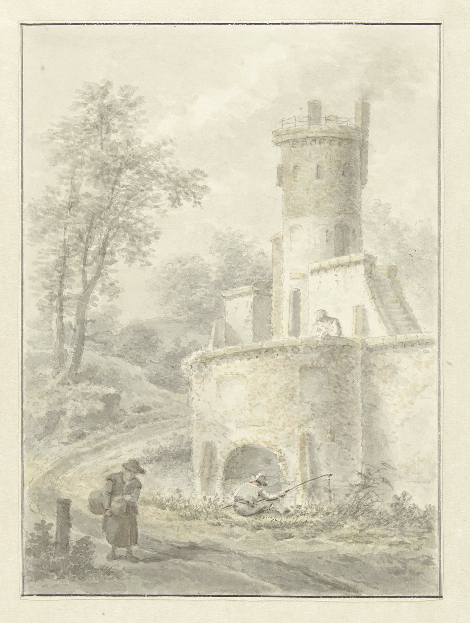 Fener ve bir kale kulesinin yanında yürüyen kadın ile manzara by Pieter Pietersz. Barbiers