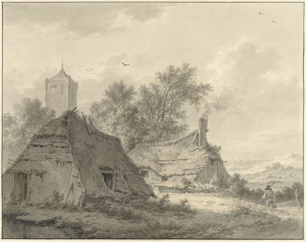 İki çiftlik ve bir kilise kulesi ile manzara by Pieter Pietersz. Barbiers