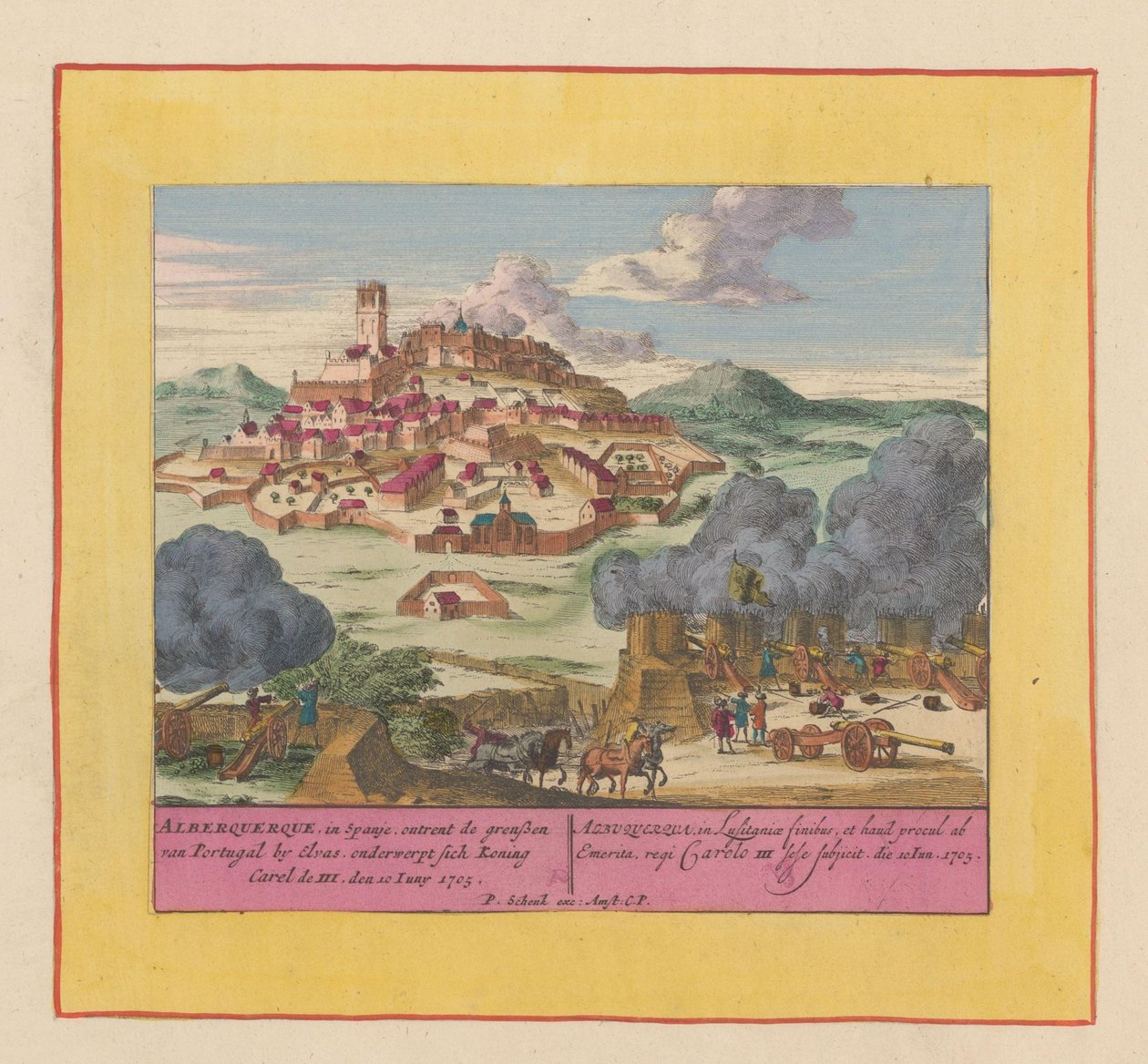 Albuquerque Kuşatması, 1705 Alberquerque, İspanya'da, Portekiz'in Elvas'taki sınırları hakkında, kendisini konu alıyor Kral III. King Kar'da görüşürüz by Pieter Schenk (I)