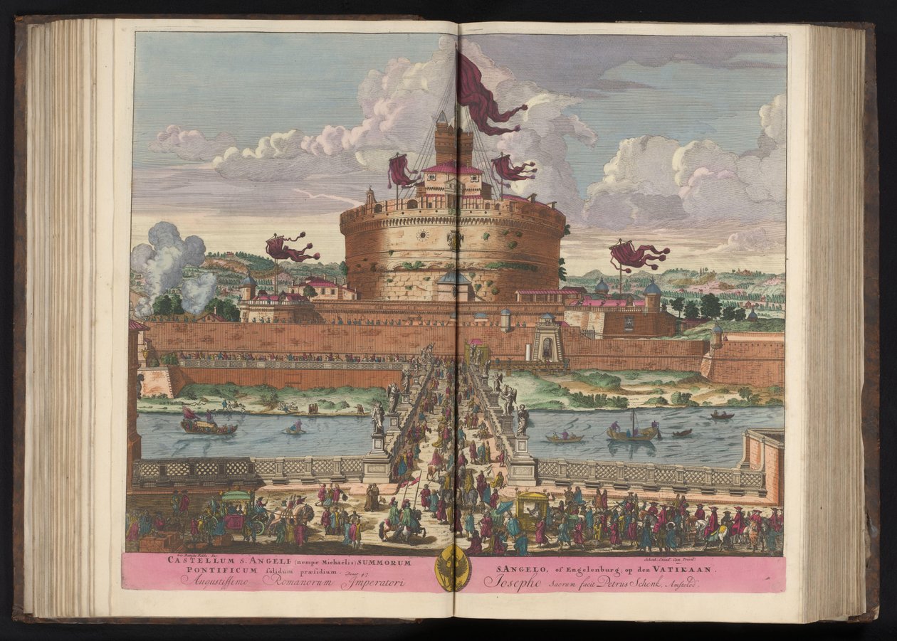 Engelenburcht aan de rivier de Tiber te Rome Castellum S. Angeli (yani Michael) (nesne üzerindeki başlık) by Pieter Schenk (I)