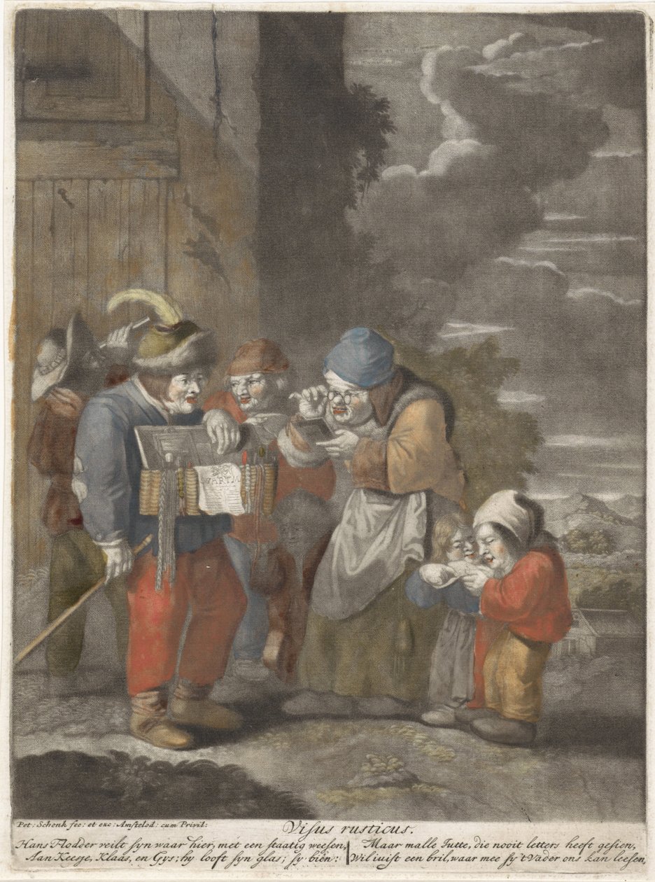 The Face Visus rusticus (nesne üzerindeki başlık) Beş duyu (seri başlığı) by Pieter Schenk (I)