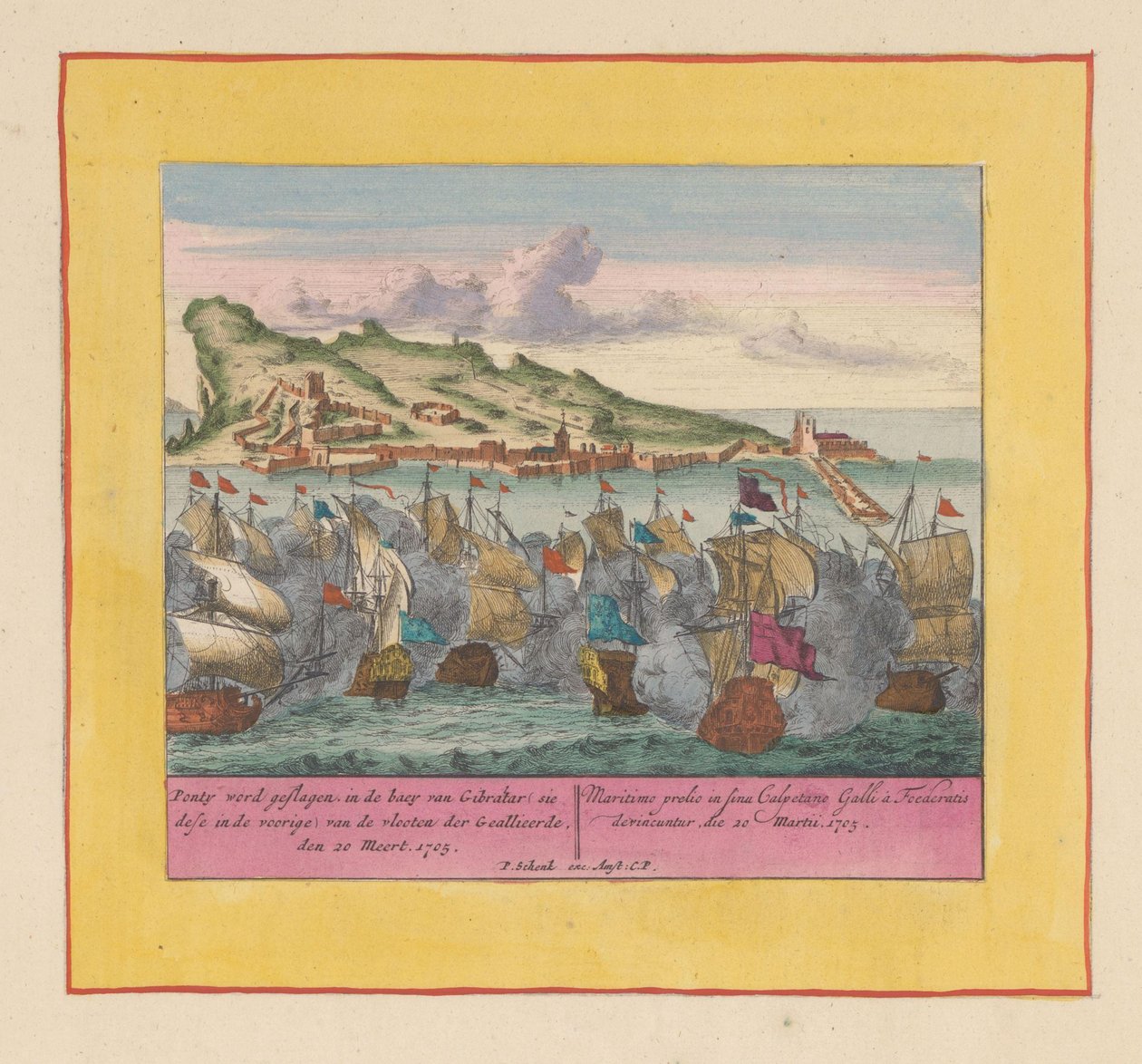 Cebelitarık Deniz Muharebesi, 1705 Ponty, Müttefik donanmalarının Cebelitarık Körfezi'nde (sie dese in the voorige) vuruldu, den 20 Meert, 1705 (nesne üzerindeki başlık) Savaş Tiyatrosu, Kral II. Charles'ın Başlangıcı. King Karel den'de görüşür by Pieter Schenk (I)