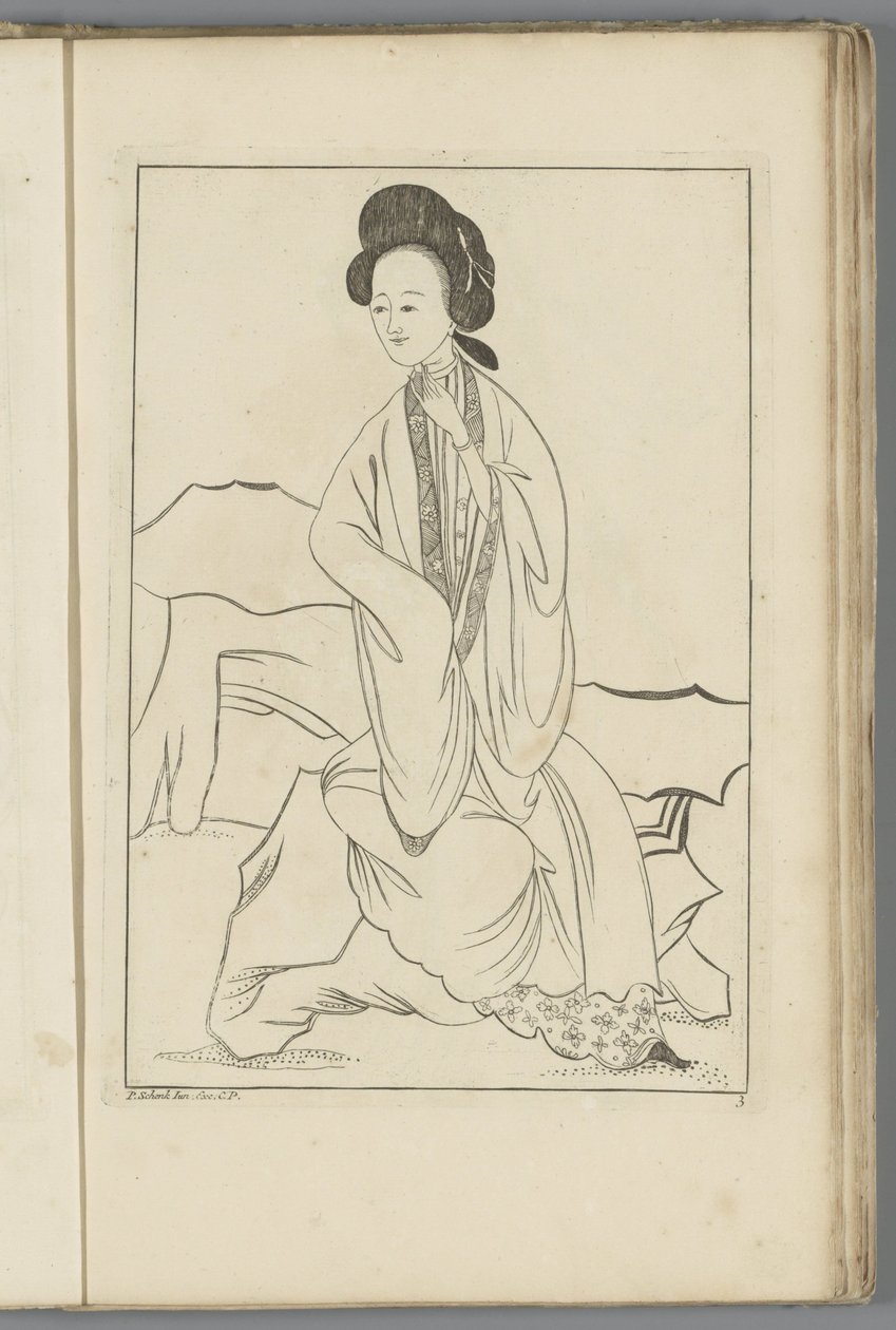 Çinli kadın sağ eli kimonosunun kolunda Çinli kadınlar, çiçekler ve kuşlar (dizi adı) by Pieter Schenk (II) (possibly)