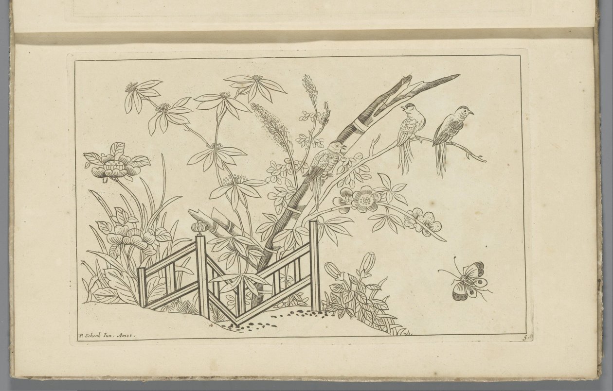 Çiçek açan bir ağaçta üç kuş Çin çiçekleri ve kuşları (dizi adı) by Pieter Schenk (II)