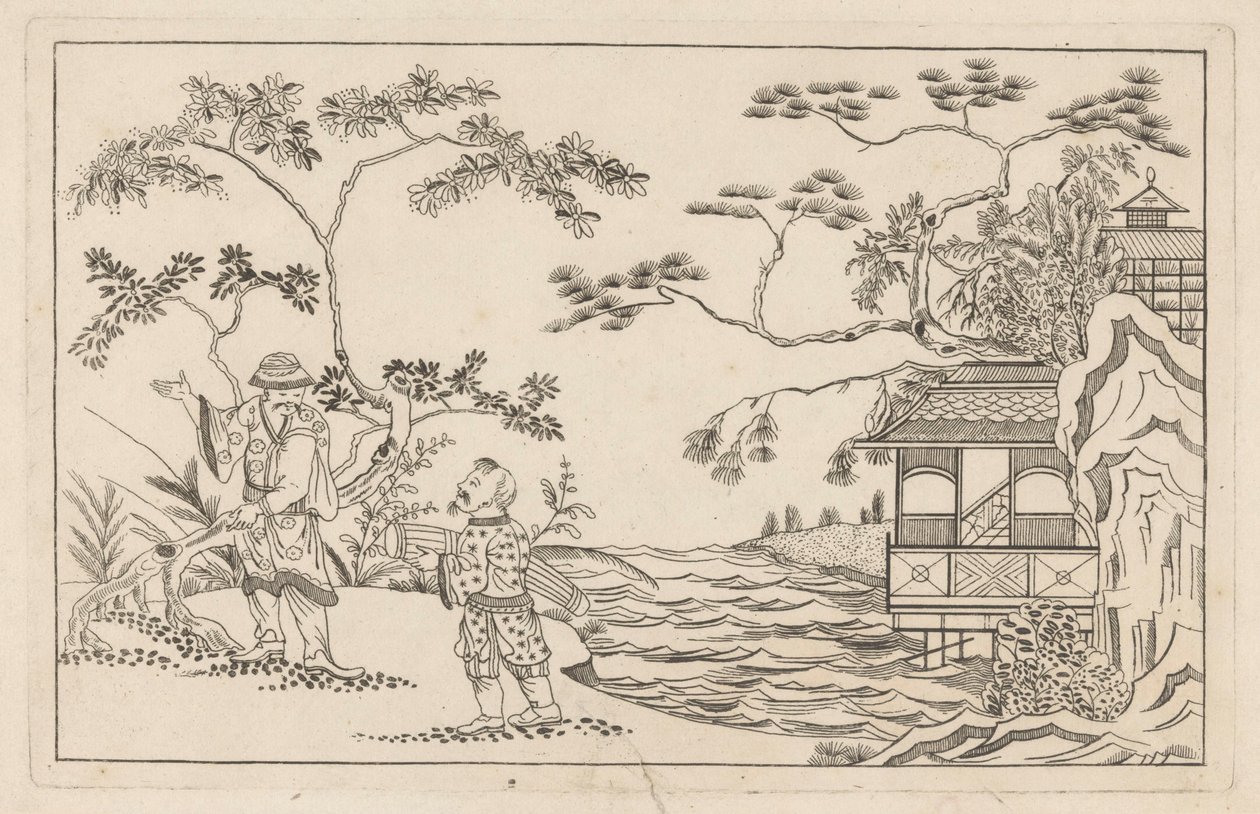 Bir manzarada iki Çinli adam Sineesen'in yeni envanterleri, büyük ayrıntılarla çizilmiş ve 't Ligt'te verilmiş, P: Schenk Jun (...), ilk bölüm (seri başlığı) by Pieter Schenk (II)