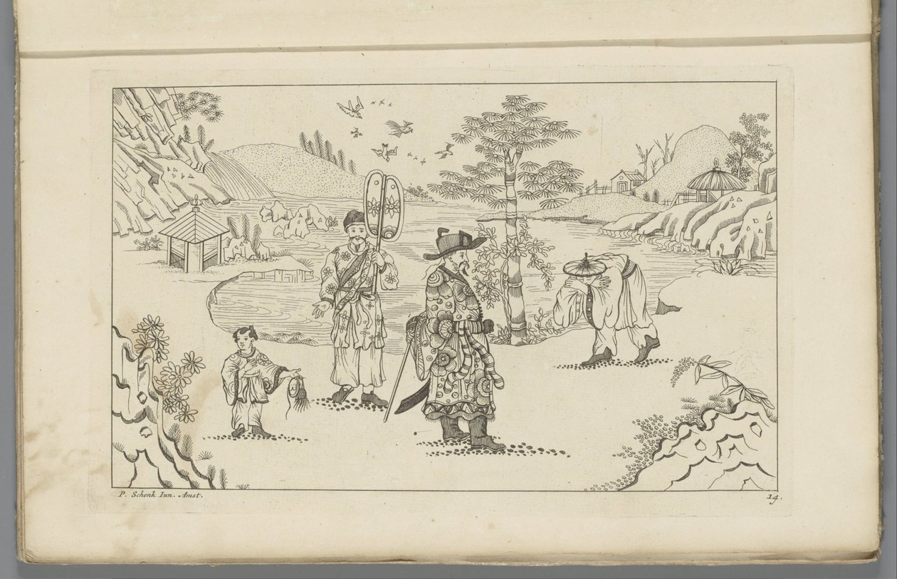 Bir manzarada dört Çinli figür Büyük bir kalıpla çizilen ve 't Ligt'te verilen yeni envanterli Sineesen, P. Schenk Jun (...), ikinci bölüm (seri başlığı) by Pieter Schenk (II)