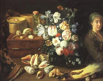 Natürmort, çiçekler, deniz kabukları, yılanlar, kuş ve ayakta duran bir kadın by Pieter Snyers