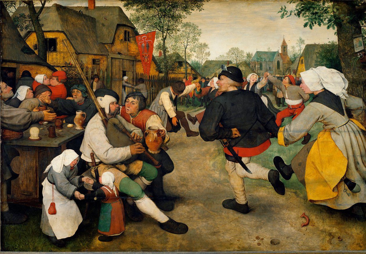 Köylü Dansı Bir adam, bir alkolikle birlikte gayda çalıyor. Arkalarında bayraklı bir genelev var ve köylüler dans edip eğleniyor. Yaşlı (veya Pierre Breugel veya Peter Brueghel veya Breughel) denilen Pieter Bruegel