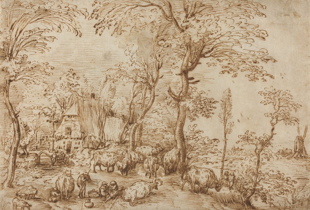 Çiftlik Evinin Yanındaki Köylüler ve Sığırlar, c.1553-54 (kağıt üzerine kalem ve kahverengi mürekkep) by Pieter Bruegel the Elder