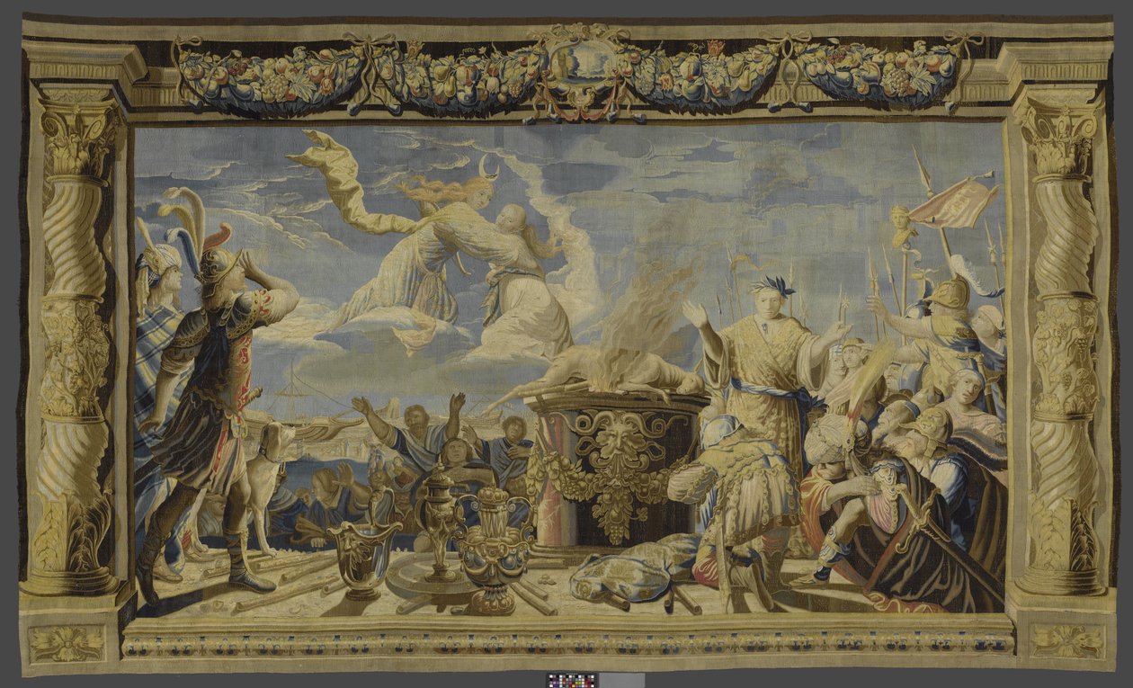 Iphigeneia kurbanının hazırlanması sırasında Artemis'in müdahalesini gösteren duvar halısı Iphigeneia ve Orestes'in tarihi (dizi başlığı) by Pieter de Cracht (workshop of)