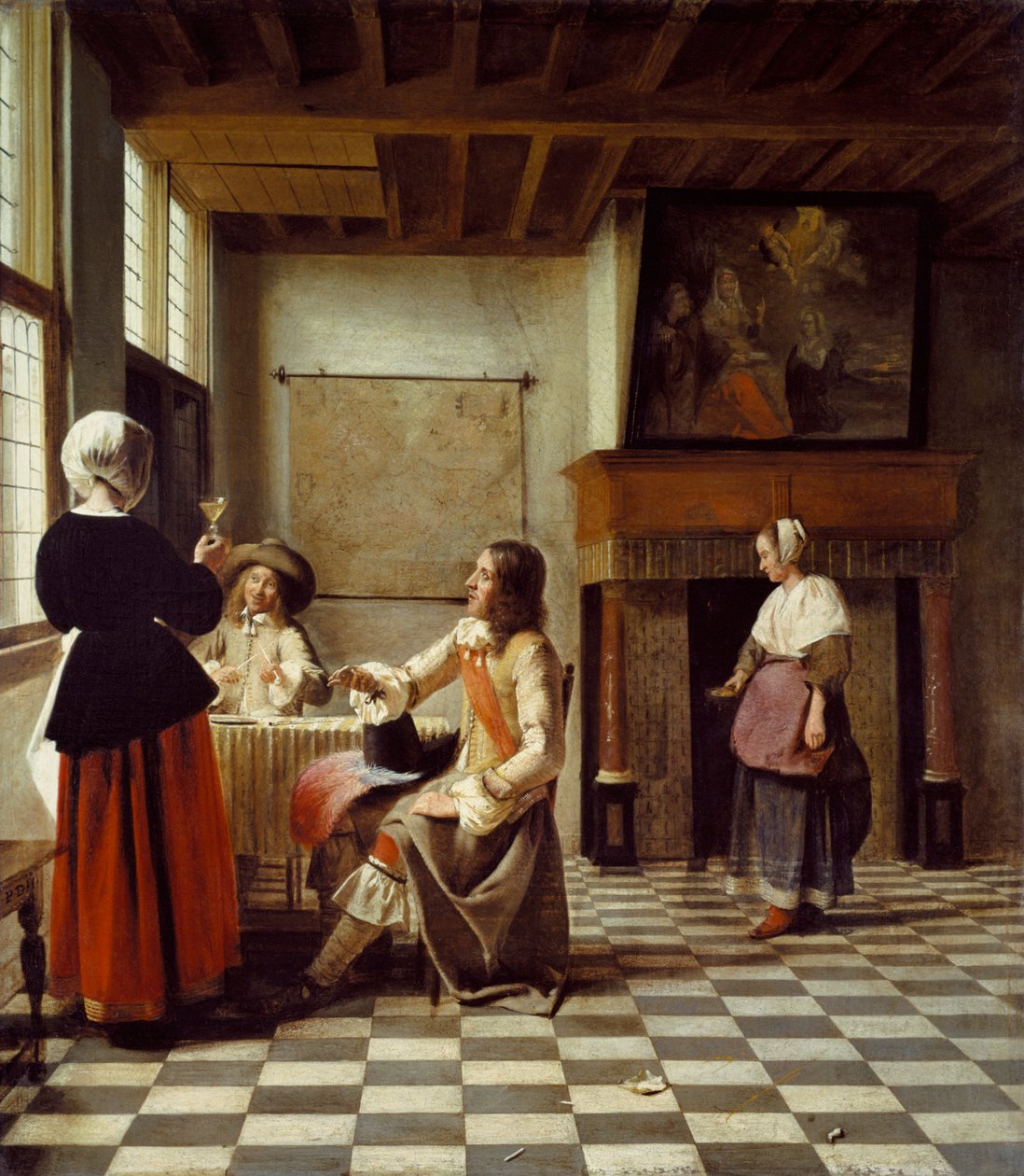 İki Erkekle İçen Bir Kadın ve Bir Hizmetçi ile Bir İç Mekan by Pieter de Hooch