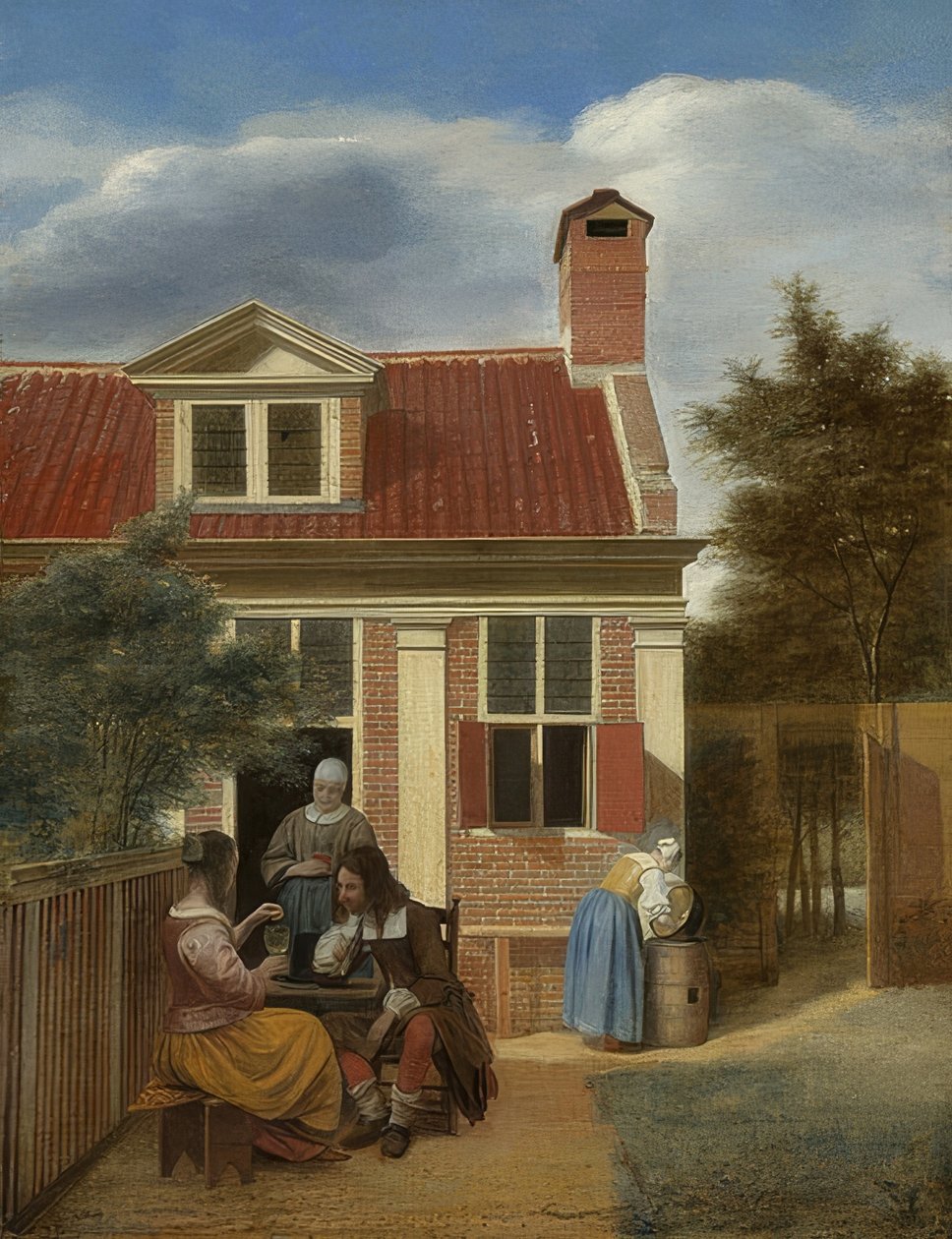 Bir evin arkasındaki avluda toplum. 1663-65 civarında by Pieter de Hooch