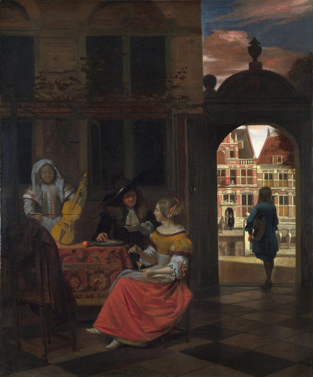 Hooch, Pieter, de (1629-1684) Avluda Müzikli Bir Parti Tuval üzerine yağlı boya 1677 National Gallery, Londra 83,5x68,5 by Pieter de Hooch