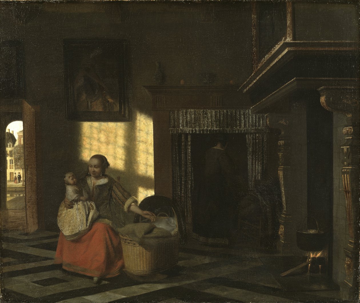 Beşiğe yakın bir anne ile iç mekan - Beşiğe yakın bir Anne ile iç mekan, Hooch, Pieter, de (1629-1684). Tuval üzerine yağlı boya, yaklaşık 1665. Ebat: 54x65 cm. Ulusal Müze Stockholm by Pieter de Hooch