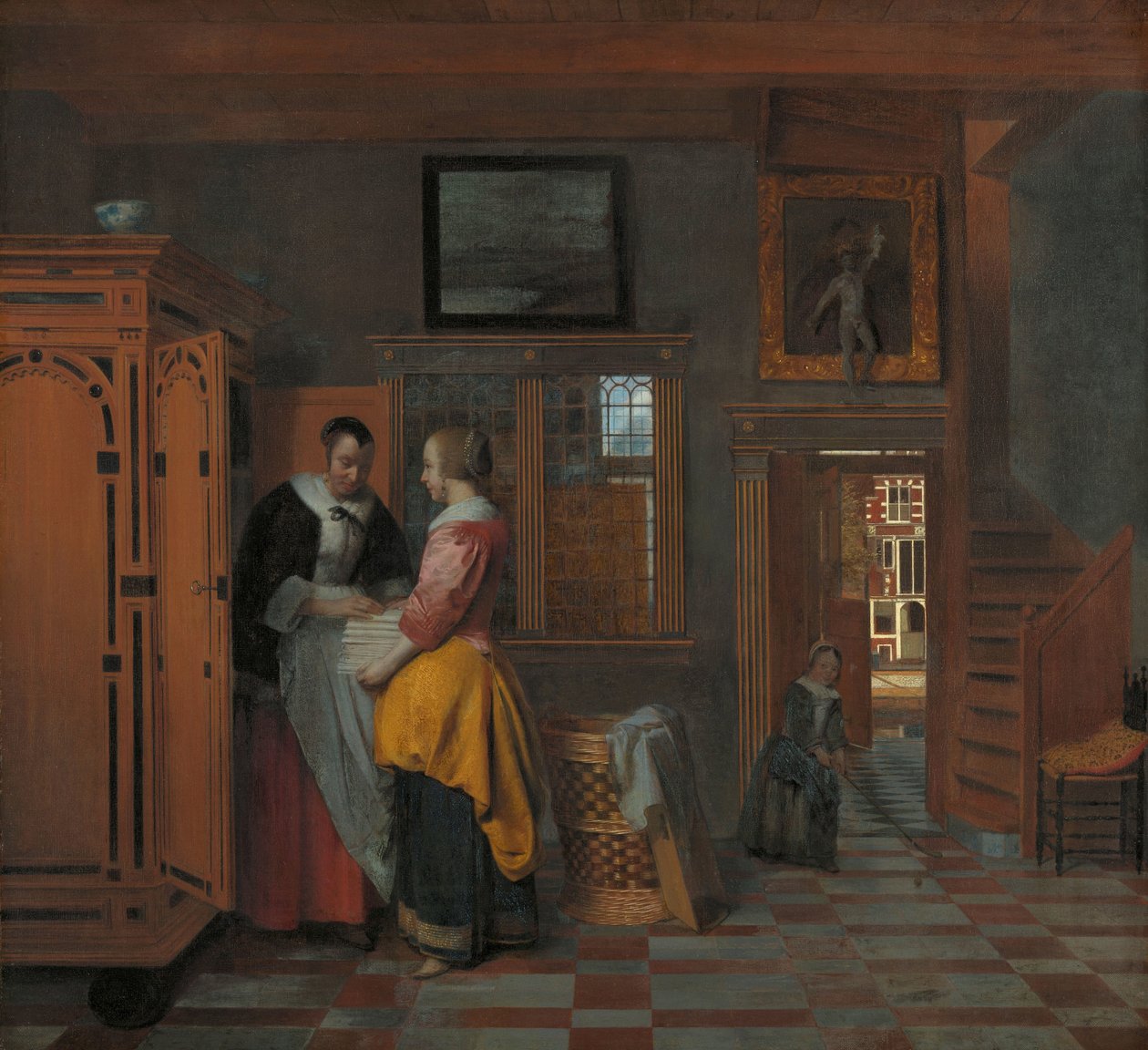 Bir Keten Dolabın Yanında Kadınlarla İç Mekan Bir Keten Sandık yanında Kadınlarla İç by Pieter de Hooch