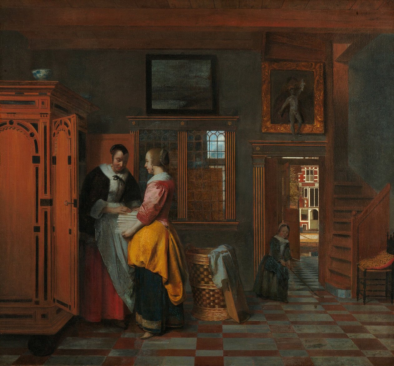 Bir Keten Dolabın Yanında Kadınlarla İç Mekan by Pieter de Hooch