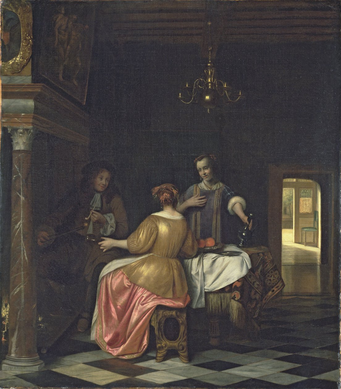 Bir Beyefendi ve İki Hanımın Sohbet Ettiği İç Mekan, c.1668-70 (tuval üzerine yağlı boya) by Pieter de Hooch