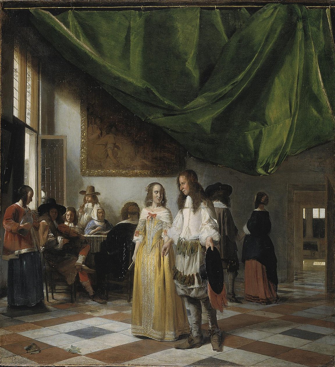 Genç Bir Çift ve Müzik Yapan İnsanlarla İç Mekan by Pieter de Hooch