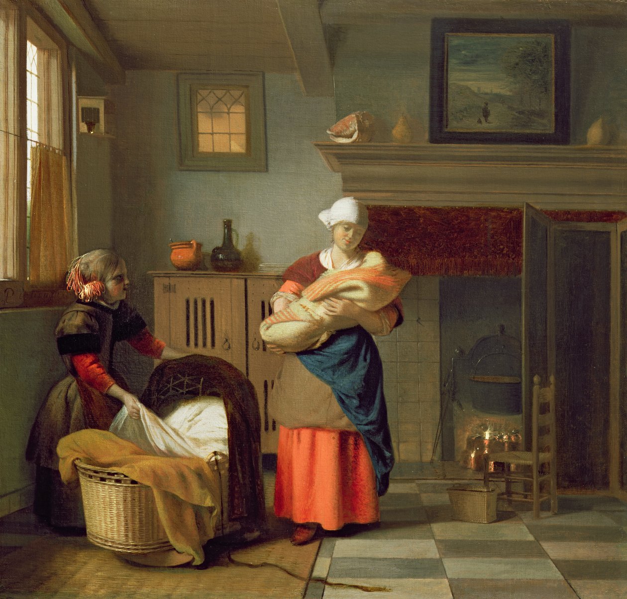 İç mekanda bebeği olan hemşire ve beşiği hazırlayan genç bir kız. by Pieter de Hooch