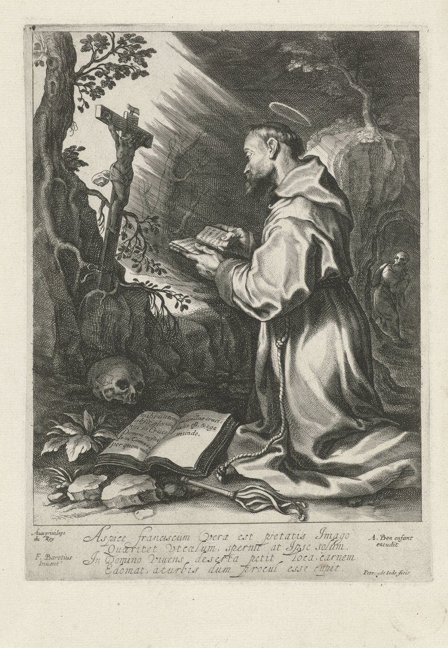 Aziz Francis haç önünde diz çökmüş by Pieter de Jode (I)