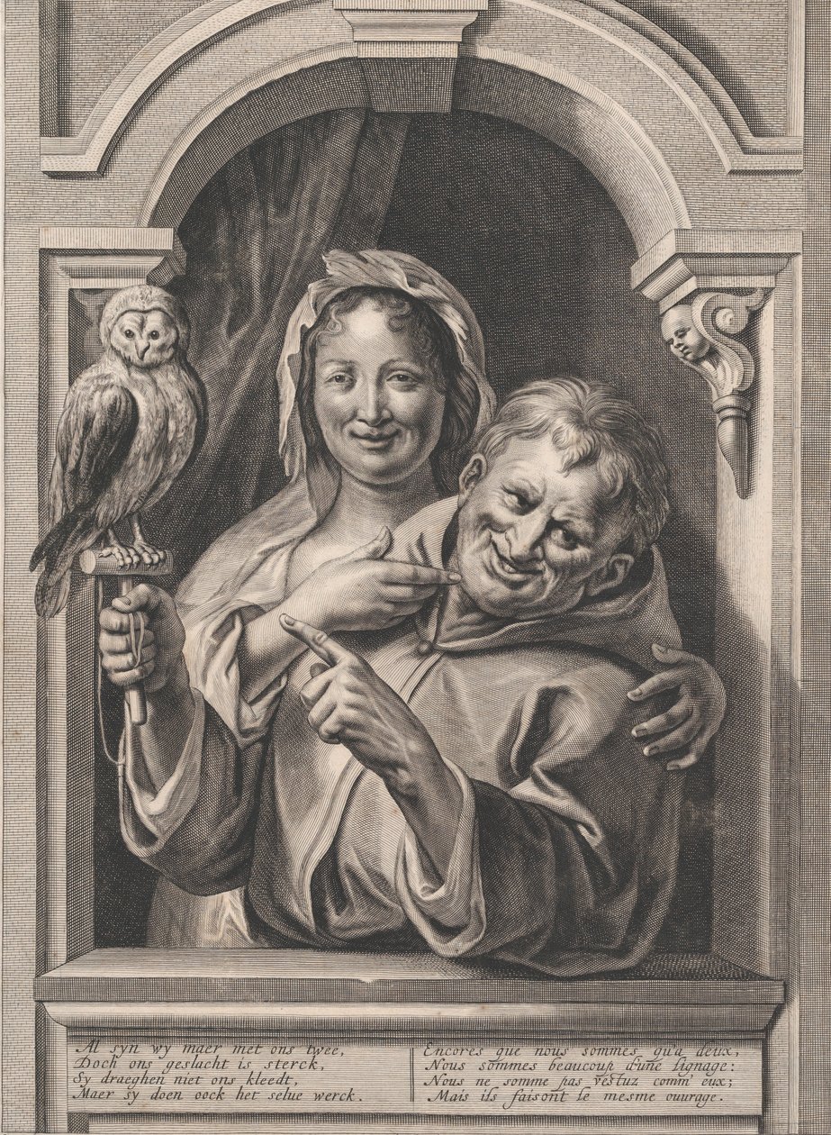 Bir Baykuşlu Bir Aptal ve Pencerede Bir Kadın, 17. yüzyıl. by Pieter de Jode II