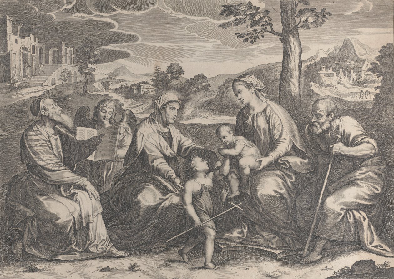 Sağda Kutsal Aile, bebek Aziz Vaftizci Yahya ile birlikte, Elizabeth, Zacharias,..., 1631-37. by Pieter de Jode II