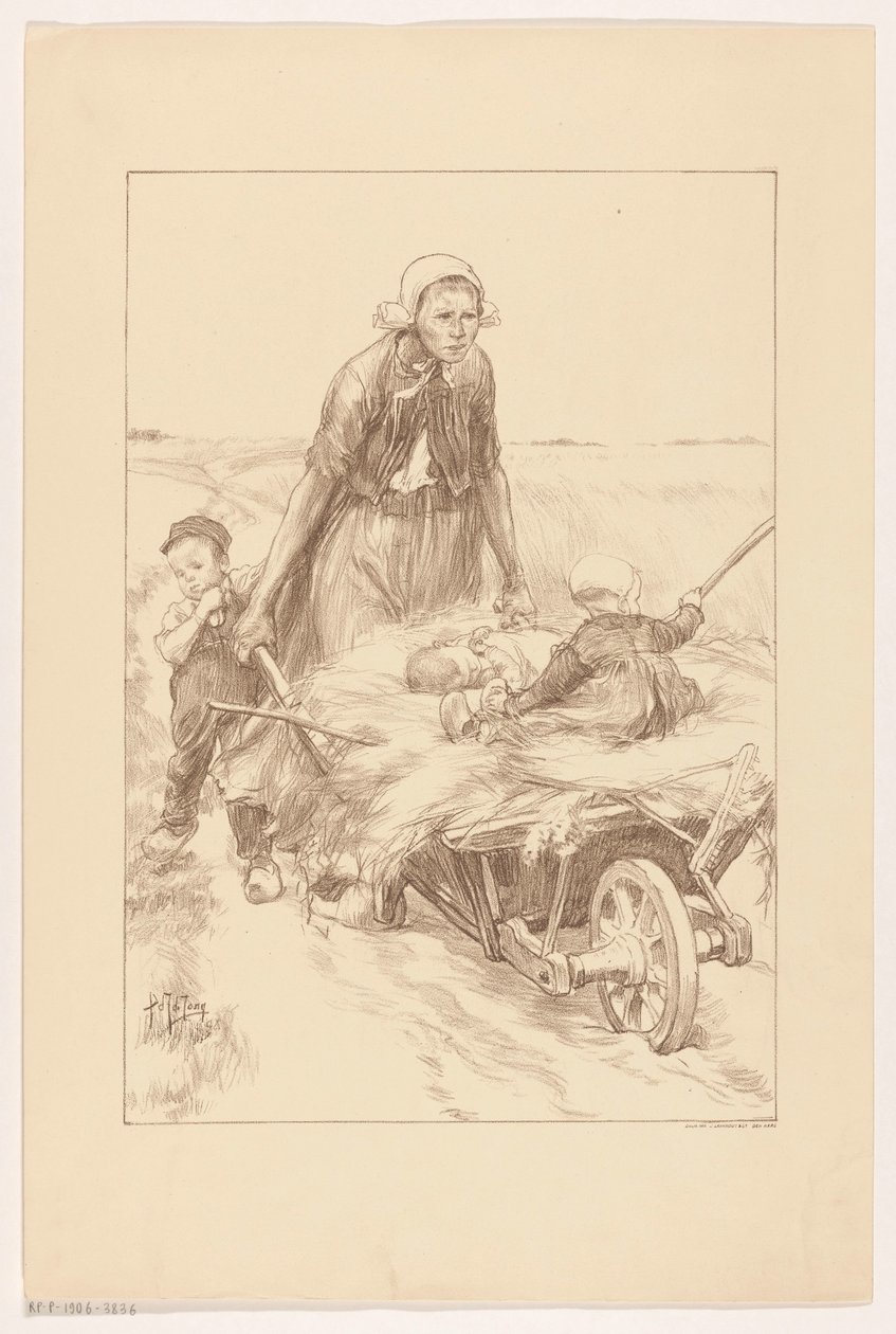 Çiftçi saman ve iki çocukla bir el arabası itiyor by Pieter de Josselin