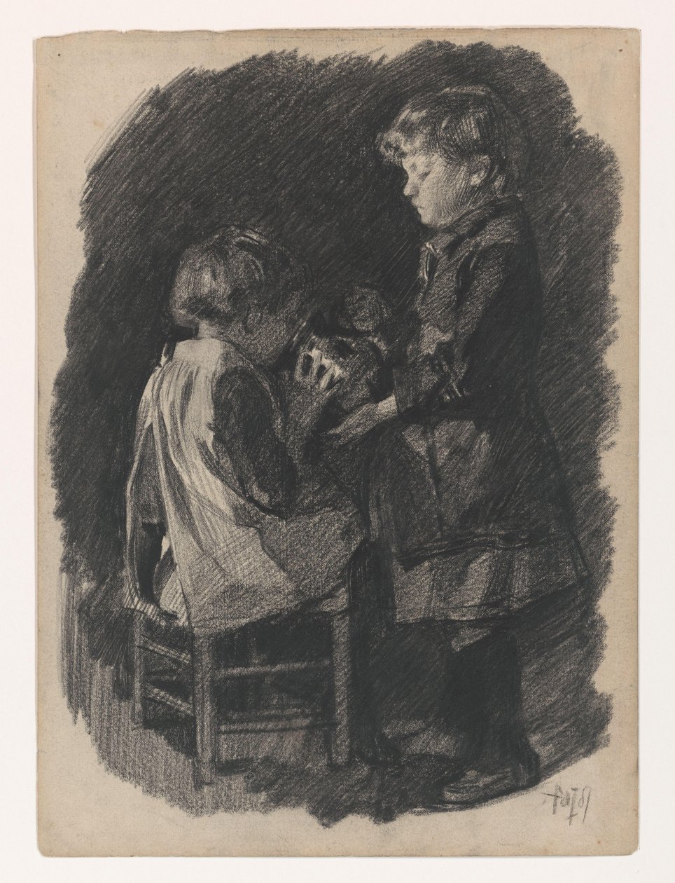 Küçük bir kız kardeşine sürahiden süt içiriyor. by Pieter de Josselin
