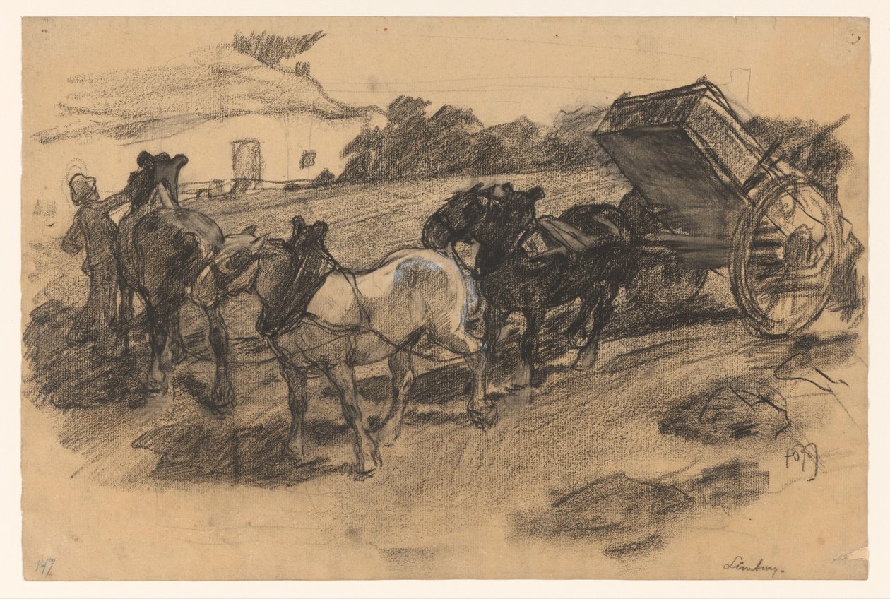 Limburg'da eğimli bir tarım arazisinde bir vagon için üç atın dizginleri by Pieter de Josselin