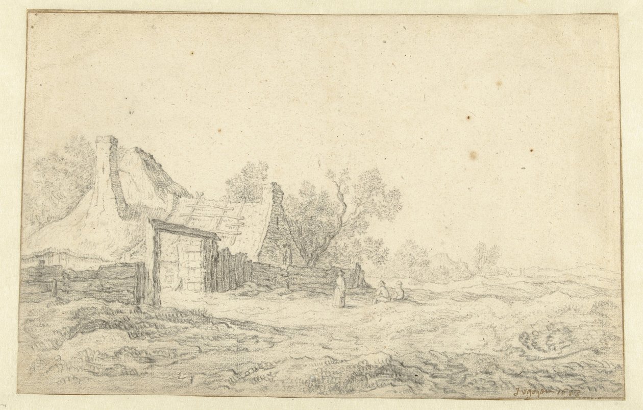 Bir çiftliğin önünde üç figürlü kumul manzarası by Pieter de Neyn