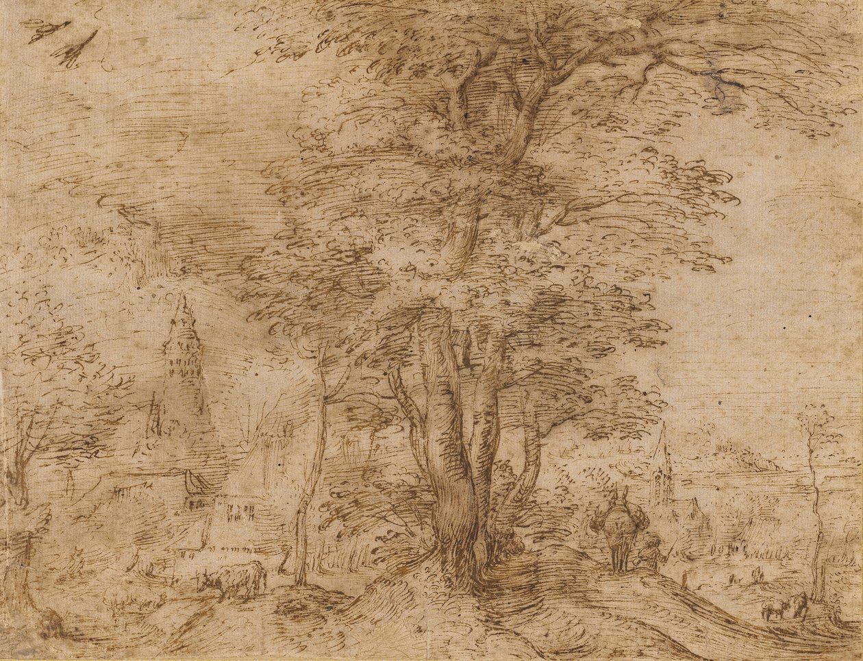 Bir grup ağaç ve katırlı bir köy, c.1552-54 by Pieter Bruegel the Elder